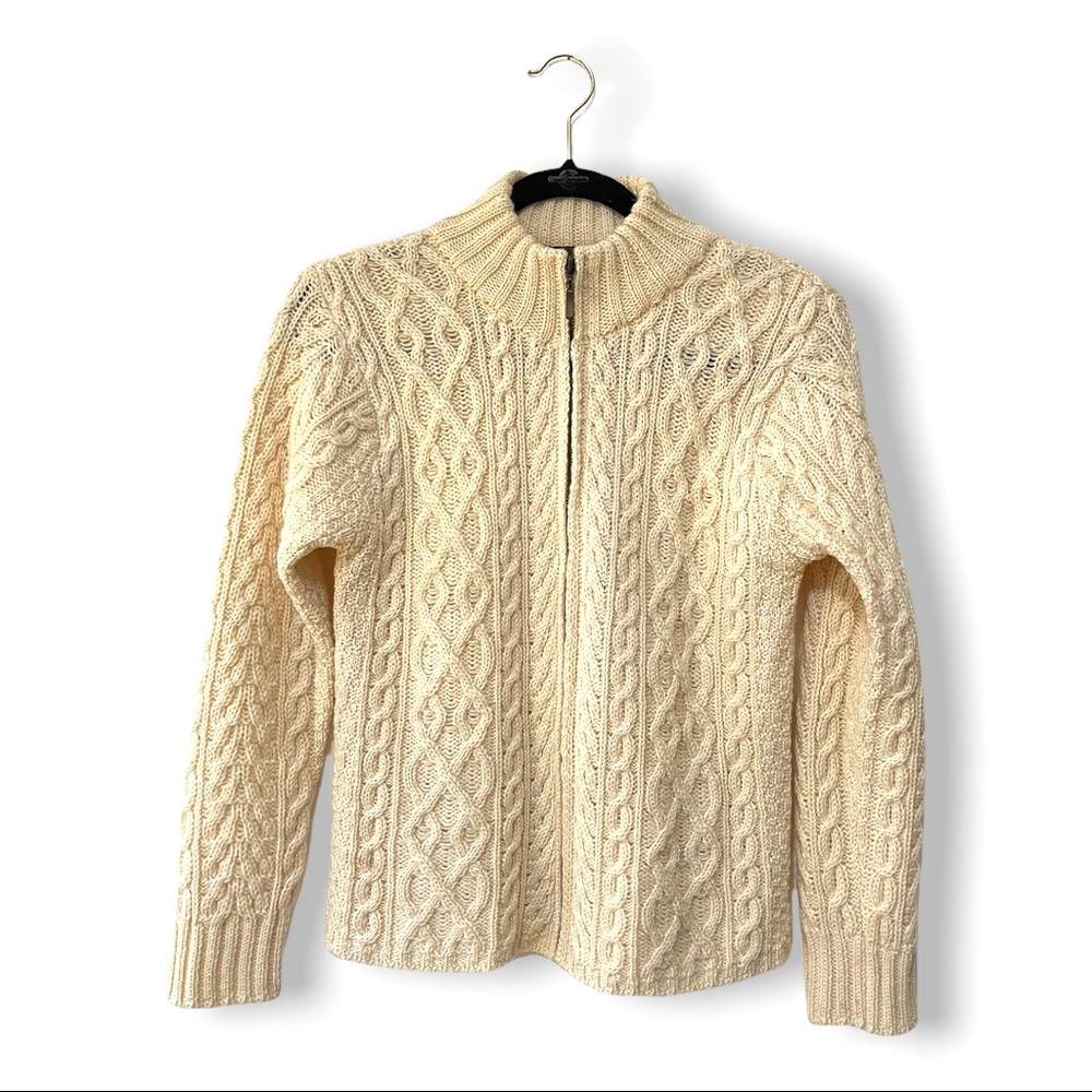 Inis Crafts Irish Cable Hand Knit Cream Merino Wool Zip Up Aran Sweater